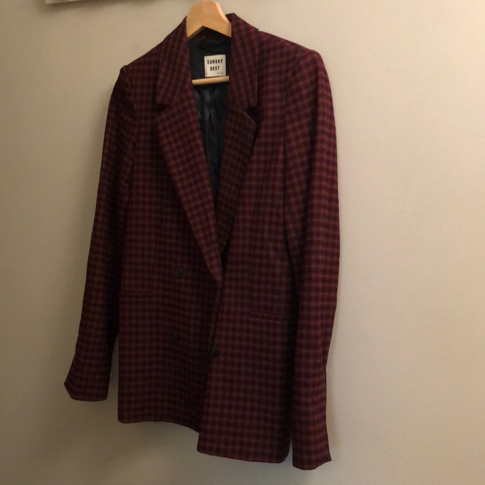 Aritzia Burgundy and Black Checked Blazer